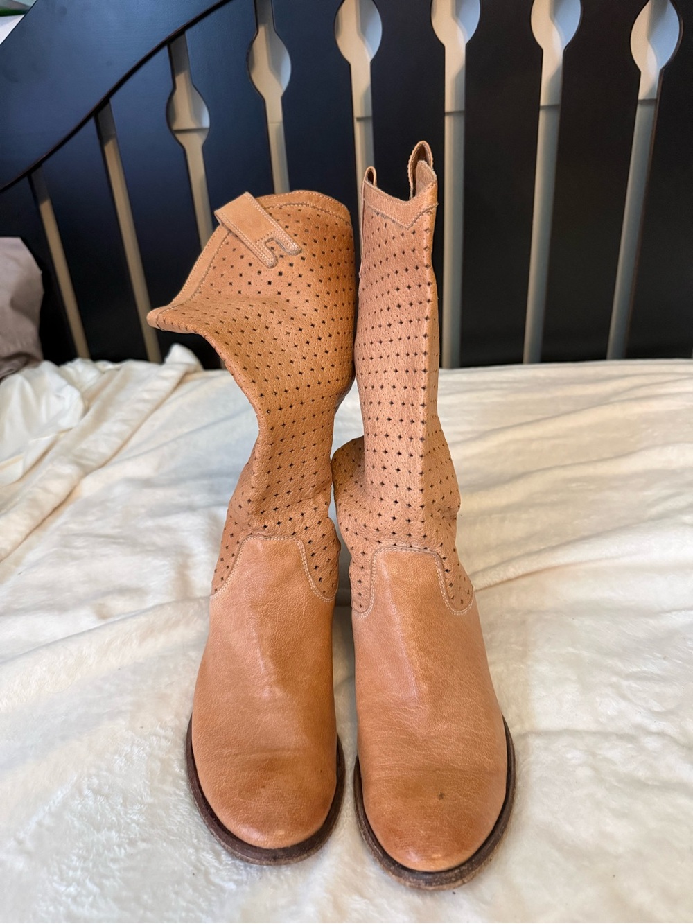 Frye Women's Tan Leather Perforated Mid-Calf Boots